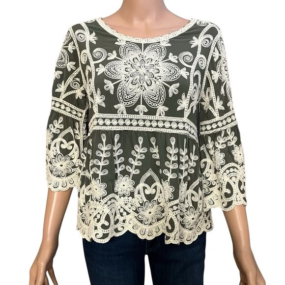 Ana And Rose Tops - Ana And Rose Floral Embroidered Babydoll Blouse Size S/M Boho Bell Sleeve Flowy